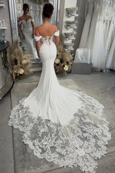 Elegant Mermaid Off the Shoulder Elastic Satin Wedding Dress with Lace AB26012912