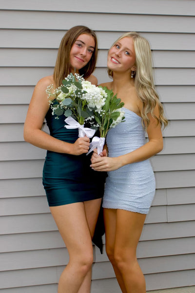 Cute Bodycon Strapless Light Blue Elastic Satin Short Homecoming Dress AB25092904