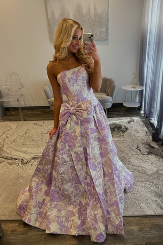 Cute A Line Strapless Jacquard Satin Long Prom Dress with Bow AB25102111