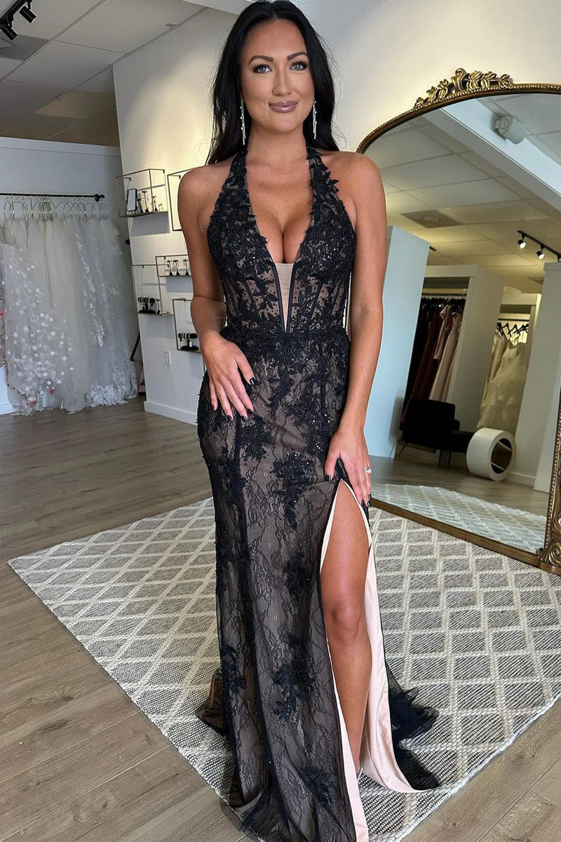 Charming Mermaid V Neck Black Lace Slit Long Prom Dresses with Appliques AB121301