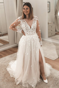 Boho A Line V Neck Tulle Long Sleeves Wedding Dress with Appliques AB25092807