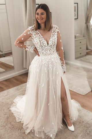 Boho A Line V Neck Tulle Long Sleeves Wedding Dress with Appliques AB25092807