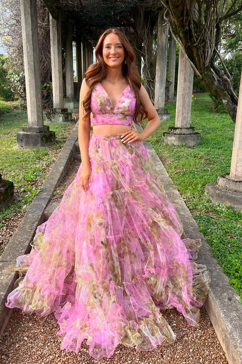 Lovely Two Piece V Neck Floral Printed Tulle Long Prom Dress AB4042701