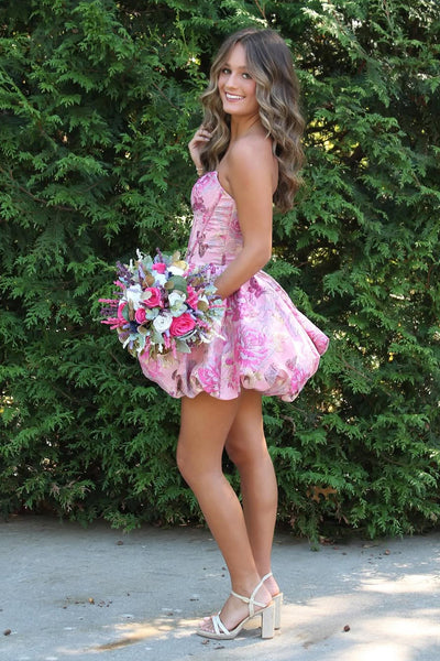 Cute A Line Strapless Pink Jacquard Satin Short Homecoming Dress AB25100804