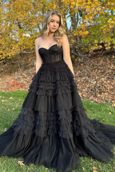 Cute Ball Gown Sweetheart Black Tulle Long Prom Dress AB120104