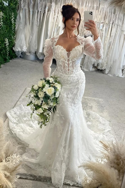 Charming Mermaid Off the Shoulder Lace Wedding Dress with Appliques AB26020611
