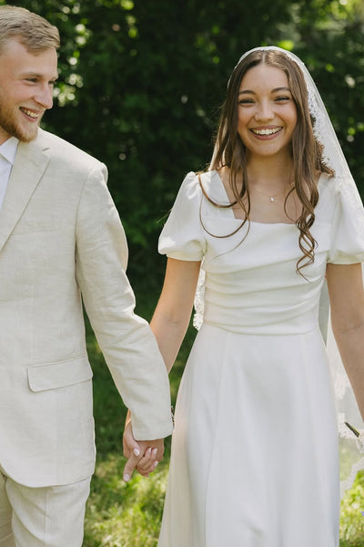 A-Line Square Neck Short Sleeves Satin Wedding Dress AB25092307