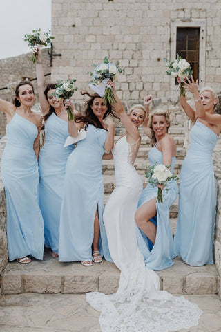 Simple Sheath One Shoulder Light Blue Chiffon Bridesmaid Dress AB24120917