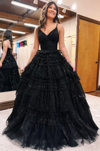 Cute Sparkly Ball Gown Black Tulle Long Prom Dresses AB101105