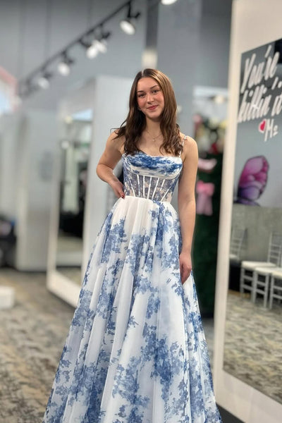 Cute A Line Scoop Neck Floral Chiffon Long Prom Dress AB25031502