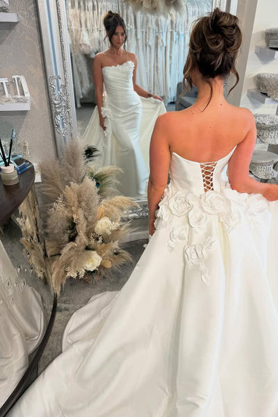 Gorgeous Mermaid Strapless Satin Wedding Dresses with 3D Flowers AB25052403