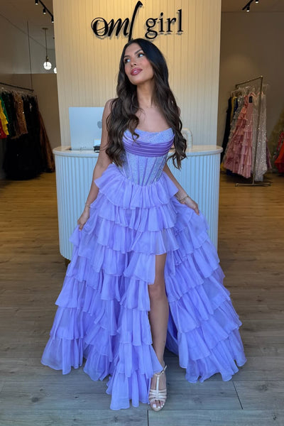 Cute A Line Scoop Neck Lavender Chiffon Tiered Prom Dress with Slit AB26012409