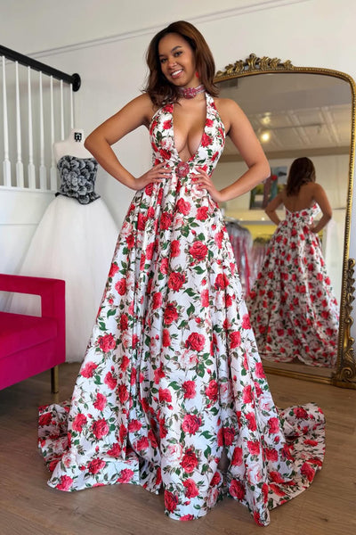 A Line Deep V Neck Floral Printed Satin Prom Dress AB26011005