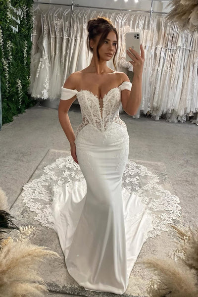 Elegant Mermaid Off the Shoulder Elastic Satin Wedding Dress with Lace AB26052403