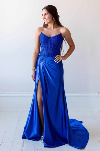 Mermaid Scoop Neck Royal Blue Satin Slit Prom Dress with Appliques AB26102911