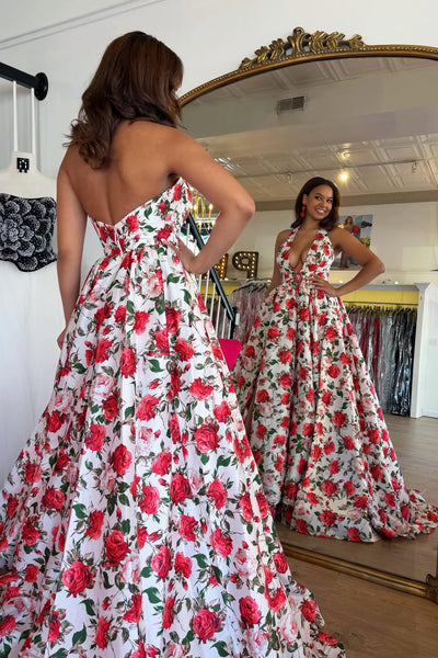 A Line Deep V Neck Floral Printed Satin Prom Dress AB26011005