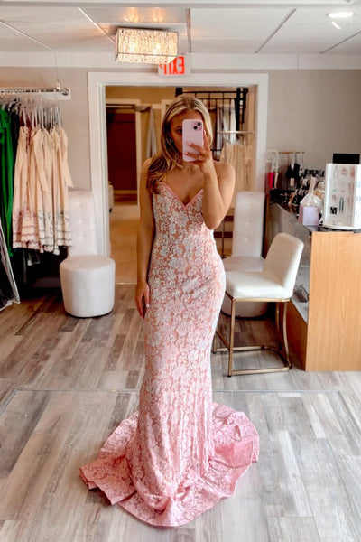 Gorgeous Mermaid V Neck Blush Pink Lace Prom Dress with Beading AB26040502