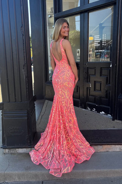 Sparkly Mermaid V Neck Coral Sequin Lace Prom Dress AB25112502