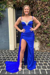 Gorgeous Mermaid Sweetheart Royal Blue Satin Long Prom Dresses with Side Slit AB061811