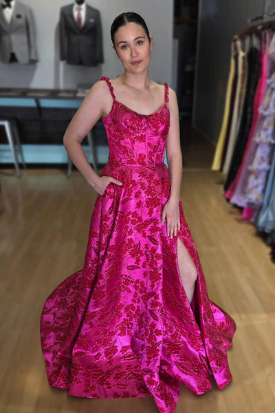 A Line Sweetheart Red Jacquard Satin Long Prom Dress with Slit AB26030504