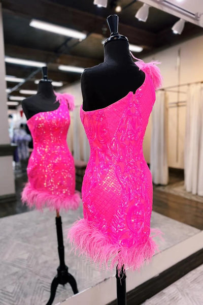 Cute Bodycon One Shoulder Hot Pink Sequins Short Homecoming Dresses with Feather AB081201