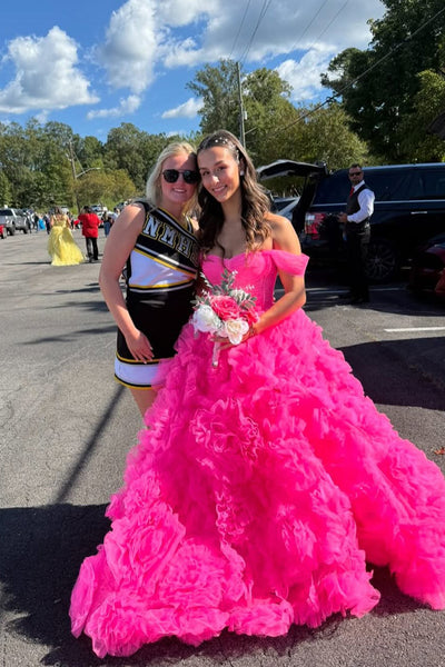 Gorgeous A Line Off the Shoulder Pink Tulle Tiered Long Prom Dress AB25100704