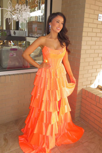 Stunning A Line Scoop Neck Orange Hot Fix Satin Tiered Prom Dress with Slit AB26030508