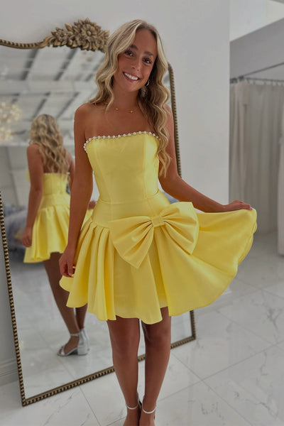 A Line Strapless Yellow Satin Homecoming Dress with Beading AB26080907