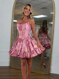 Cute A Line Scoop Neck Pink Jacquard Satin Homecoming Dress AB25082502