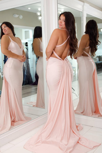 Cute A Line V Neck Pink Satin Long Prom Dress AB25111404