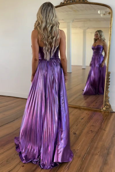 Charming A Line Sweetheart Purple Pleated Satin Prom Dresses with Slit AB24102108