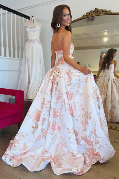 Ball Gown Strapless Jacquard Satin Prom Dress AB26102505