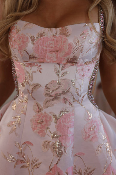 Sweet A Line Spaghtti Straps Pink Jacquard Satin Prom Dress with Beading AB26102704