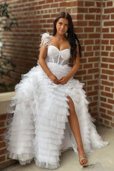 A-Line Sweetheart White Ruffle Tiered Tulle Long Prom Dress Homecoming Dresses with Slit AB25091708