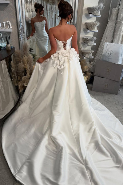 Gorgeous Mermaid Strapless Satin Wedding Dresses with 3D Flowers AB25052403