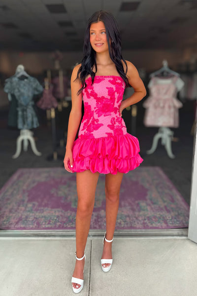 Fashion Strapless Fuchsia Lace Short Homecoming Dress with Hot Fix AB26060808