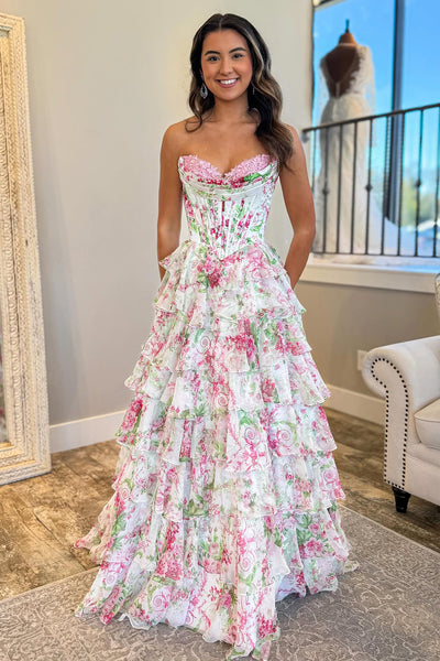 Gorgeous A Line Sweetheart Floral Chiffon Tiered Prom Dress with Slit AB25120101