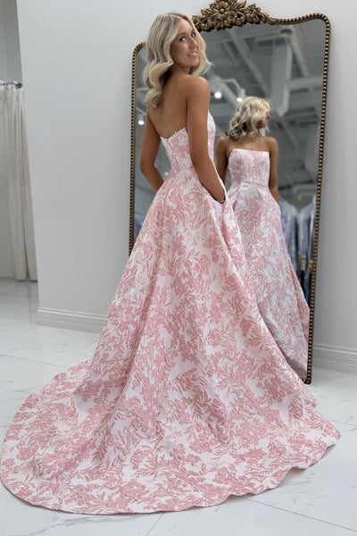 Charming A-Line Strapless Floral Jacquard Satin Prom Dress with Slit AB26020903