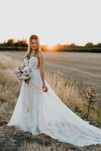 Bohemain A Line V Neck Tulle Long Wedding Dresses with Appliques AB083103