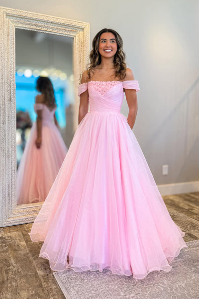 Gorgeous Ball Gown Off the Shoulder Pink Tulle Prom Dress with Beading AB25120103