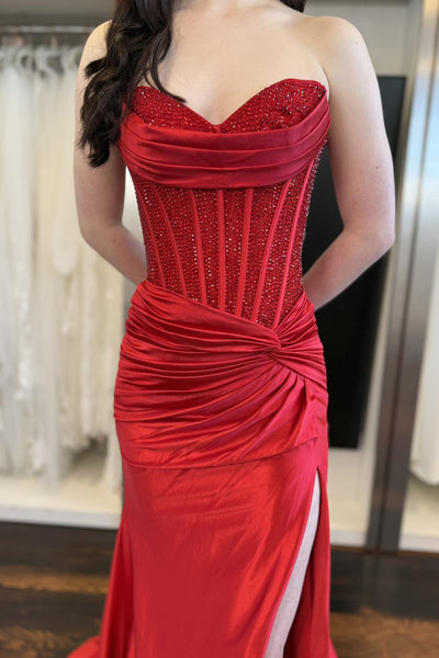 Mermaid Sweetheart Red Satin Prom Dress with Slit AB251106