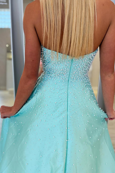 Fashion A Line Strapless Blue Hot Fix Satin Prom Dress with Beading AB26032603