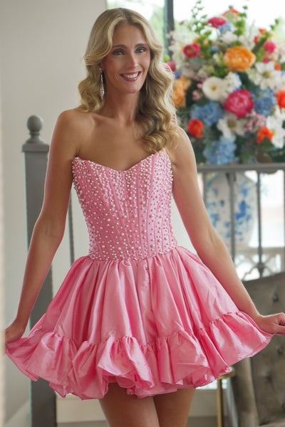 A Line V Neck Pink Satin Homecoming Dress with Beading AB26081205