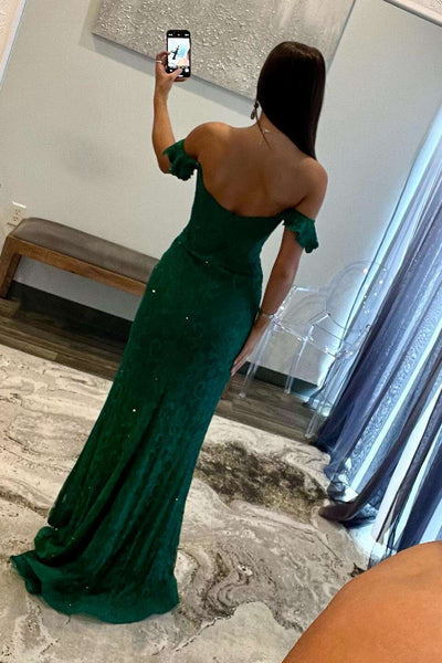 Elegant Mermaid Off the Shoulder Dark Green Lace Long Prom Dress