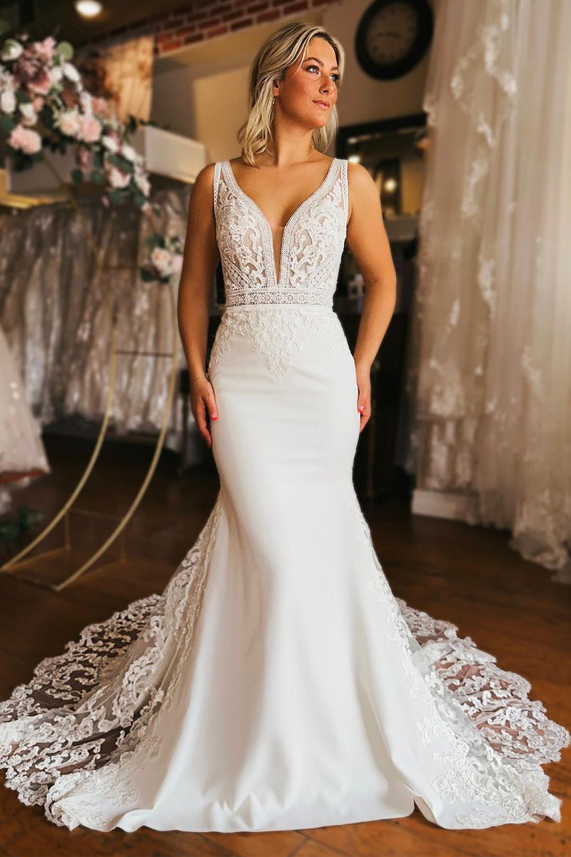 Long Mermaid V-neck Appliques Lace Satin Backless Wedding Dress