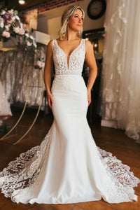 Charming Mermaid V Neck Satin Long Wedding Dresses with Appliques AB092804
