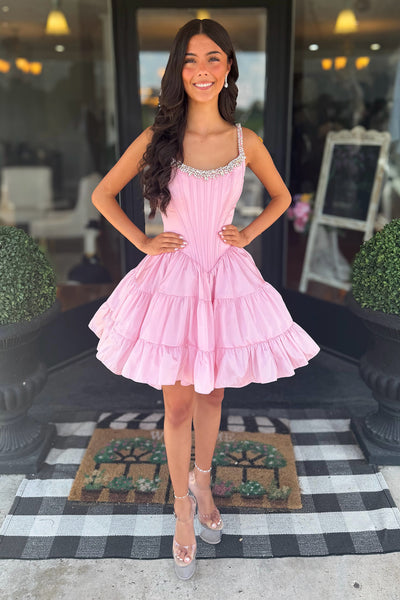 A Line Scoop Neck Pink Satin Homecoming Dress AB26072010