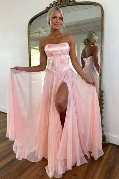 Cute A Line Strapless Light Blue Chiffon Long Prom Dress with Slit AB2622804