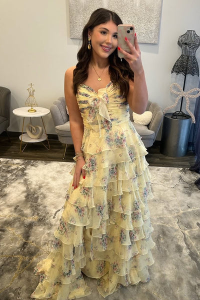 A Line Strapless Yellow Floral Chiffon Tiered Prom Dress with Slit AB26032201