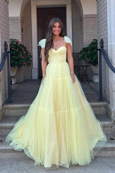 Cute A Line Sweetheart Daffodial Dot Tulle Tiered Long Prom Dress AB25093006
